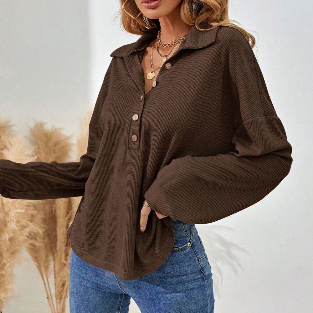 Brown Casual Women's Drop Shoulder Long Sleeve Button Half Placket Loose T-Shirt - Picture 4 of 7